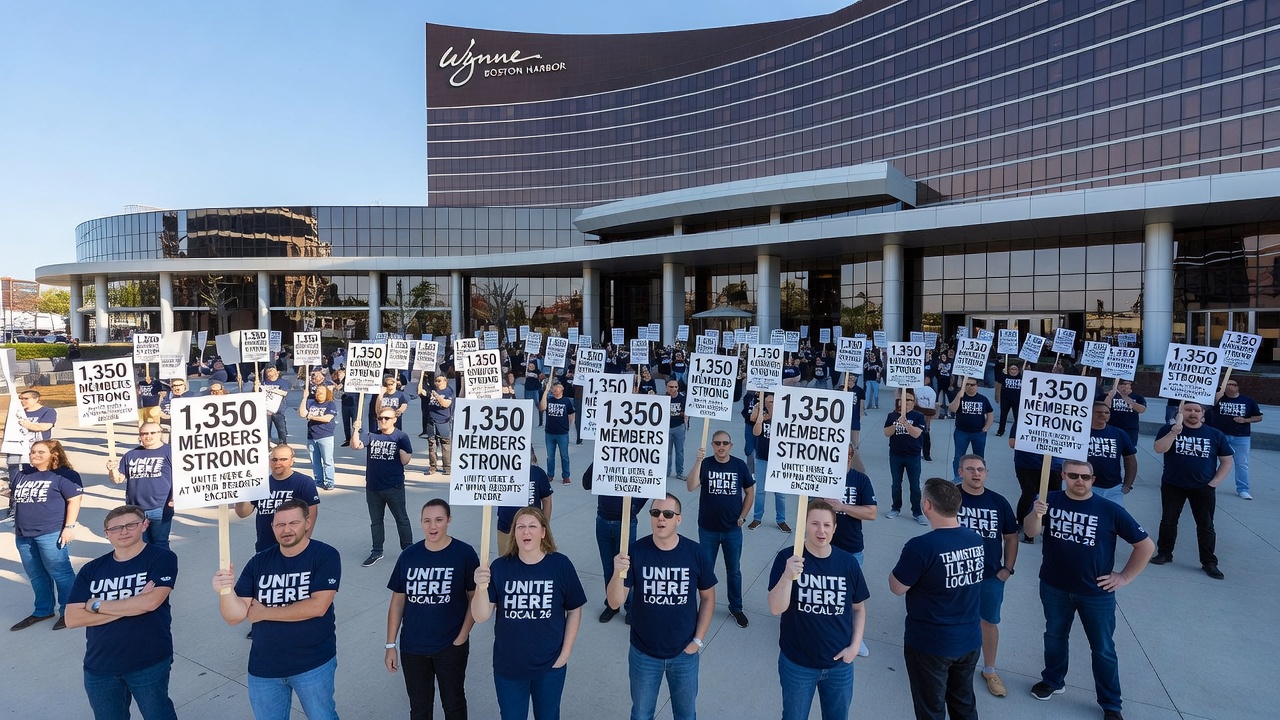 Financial charts and worker discussions at Encore Boston Harbor related to 2025 revenue figures